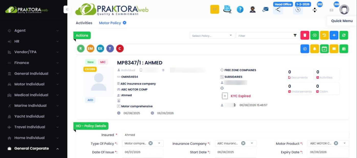 PraktoraWeb Motor Policy screen showing the insured, policy type, insurance company, product and dates
